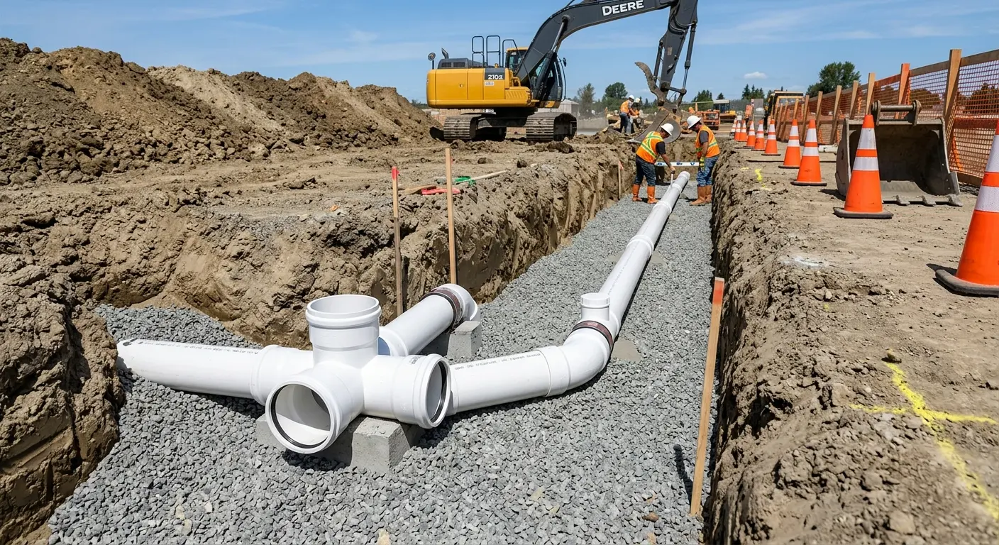 New PVC sewer pipe installation in open trench for Commercial Drain Cleaning in Littleton