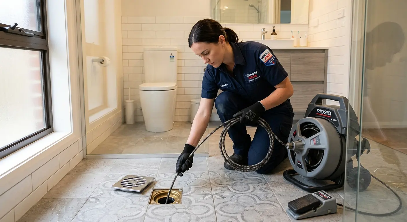 Technician clearing a bathroom floor drain for Sewer Line Replacement in Littleton